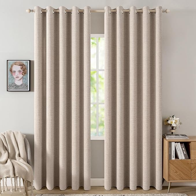 MIULEE 100% Blackout Linen Textured Curtains for Bedroom Solid Thermal Insulated Natural Beige Grommet Room Darkening Curtains & Drapes Luxury Decor for Living Room Nursery 62 x 84 Inch (2 Panels)