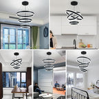 O'NEELDY Modern LED Chandeliers Adjustable Hanging Black Pendant Light Fixture 3 Ring Flush Mount Chandeliers for Bedroom,Kitchen,Island Cafe