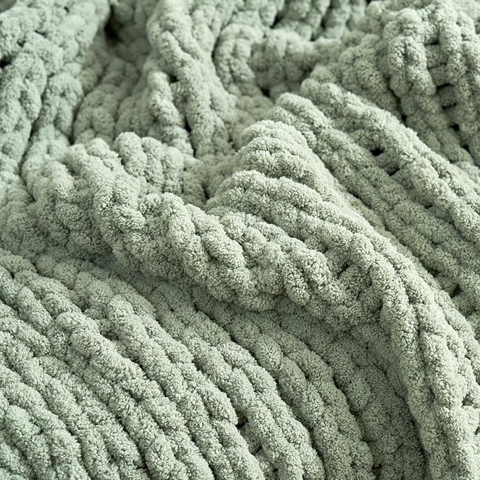 Amélie Home Chunky Knit Throw Blanket for Couch, Soft Chenille Crochet Blanket for Children, 40"x50", Sage Green