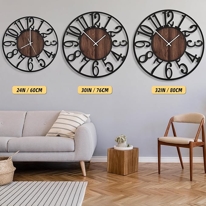 LEIKE Large Wall Clocks with Night Light Battery Operated,Silent Non Ticking,Rustic Modern Big Wood Clock for Living Room, Bedroom,Kitchen,Farmhouse,Office,Home Decor-30 Inch(Black-Arabic Number)