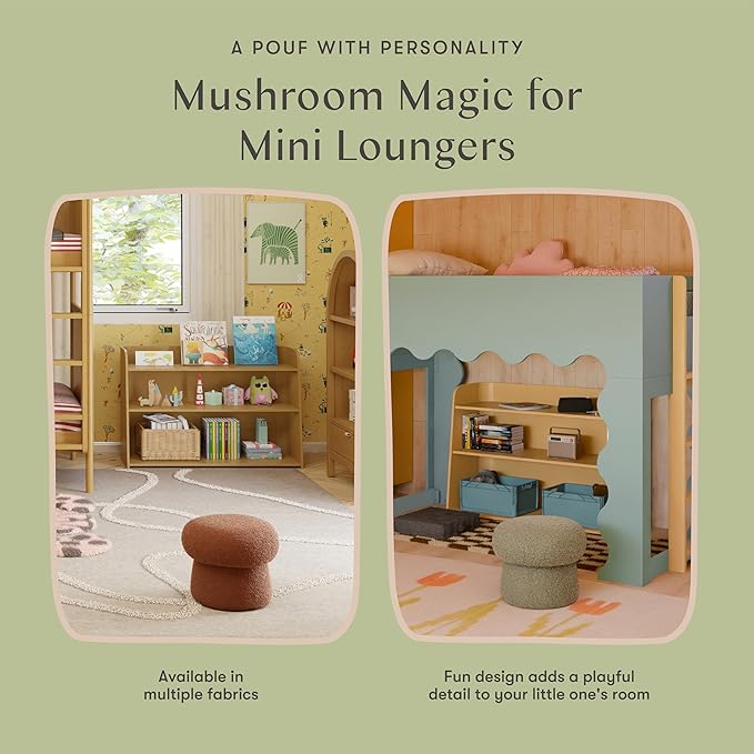 Babyletto Kids Mini Mushroom Pouf - Ottoman Foot Rest - Poofy Plush, Round Footrest Stool for Couch - GREENGUARD Certified Soft & Stuffed, Comfy Small Pouf Ottoman for Living Room/Nursery Floor, Latte