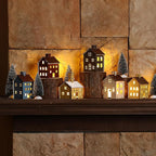 18pcs Wooden Christmas Village Set Colorful Houses and Multicolored Church with Electronic Candle Light and Xmas Tree for Christmas Party Supplies and Holiday Figurines Gift