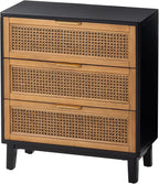 COZAYH Farmhouse 3-Drawer Nightstand, Set of 2 Woven Cane Front Accent Dresser with Brass Pull, Fully-Assembled, Black