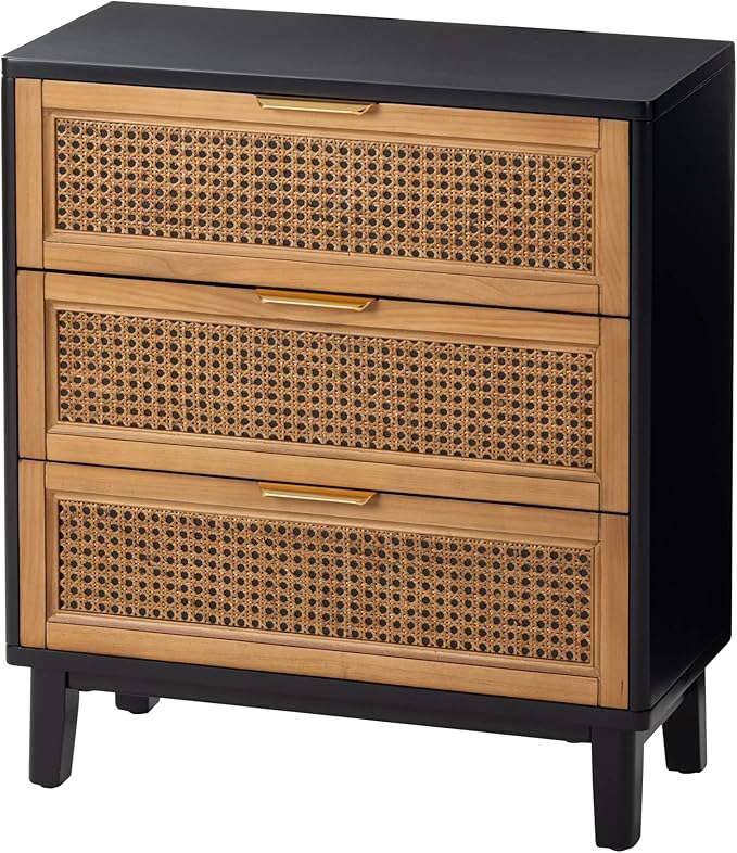 COZAYH Farmhouse 3-Drawer Nightstand, Set of 2 Woven Cane Front Accent Dresser with Brass Pull, Fully-Assembled, Black