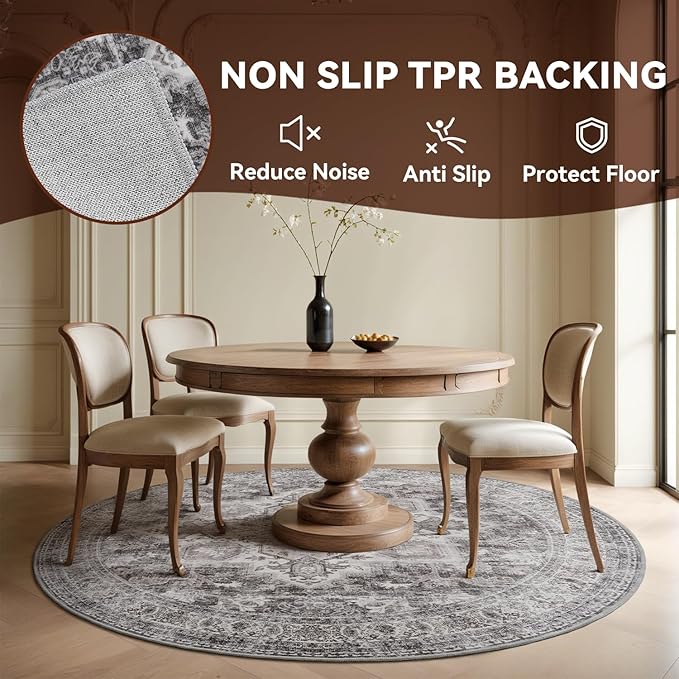 6 ft Round Rugs for Living Room Bedroom Rug Circle Area Rug for Dining Room Table Throw Vintage Circular Rugs Washable Soft Comfortable Grey