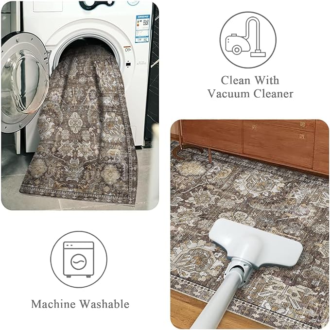 RUGSURE Washable Area Rugs - Perfect for Living Room, Bedroom, Kids Room, Nursery - Stain & Water Resistant Non-Slip, Pet & Child Friendly, Vintage Tribal Area Rugs (Ivory, 9' x 12')