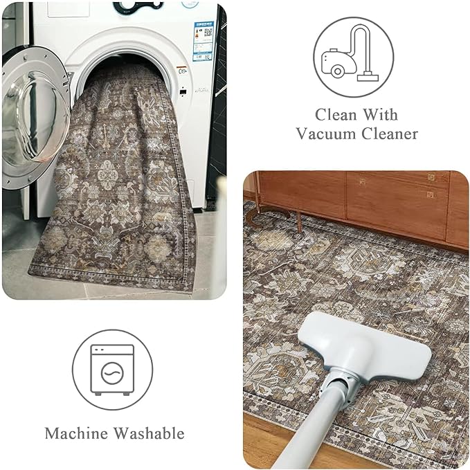 RUGSURE Washable Area Rugs - Perfect for Living Room, Bedroom, Kids Room, Nursery - Stain & Water Resistant Non-Slip, Pet & Child Friendly, Vintage Tribal Area Rugs (Ivory, 6' x 9')