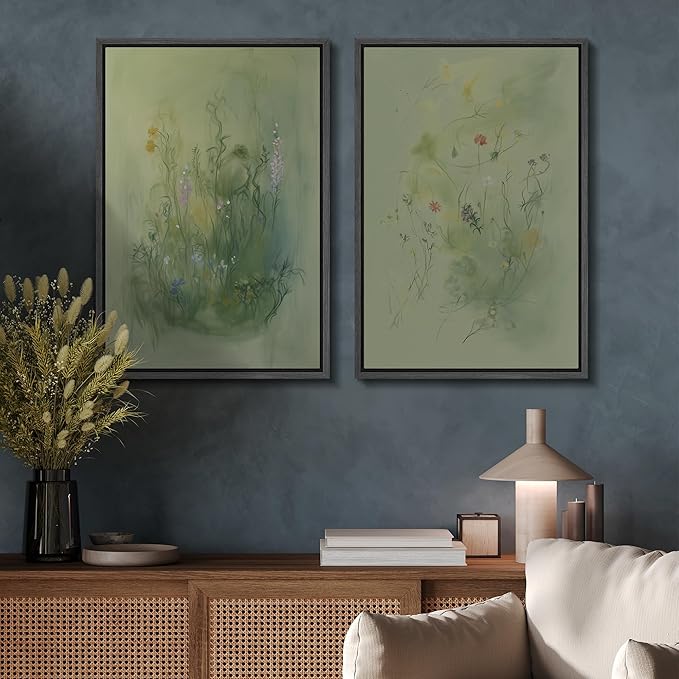 SIGNFORD Framed Canvas Print Wall Art Set Whimsical Green Wildflower Illustration Modern Art Decorative Nordic Nature for Living Room, Bedroom, Office - 24"x36"x2 Black