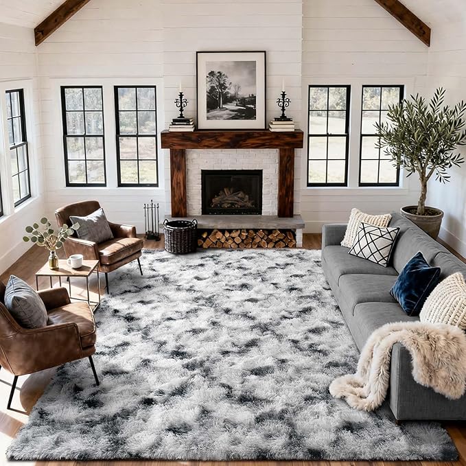 8x10 Ft Extra Large Shag Rugs for Living Room, Tie Dyed Ultra Soft Fluffy Furry Area Rugs for Bedroom Indoor Floor, Aesthetic Carpet for Kids Home Decor Black White