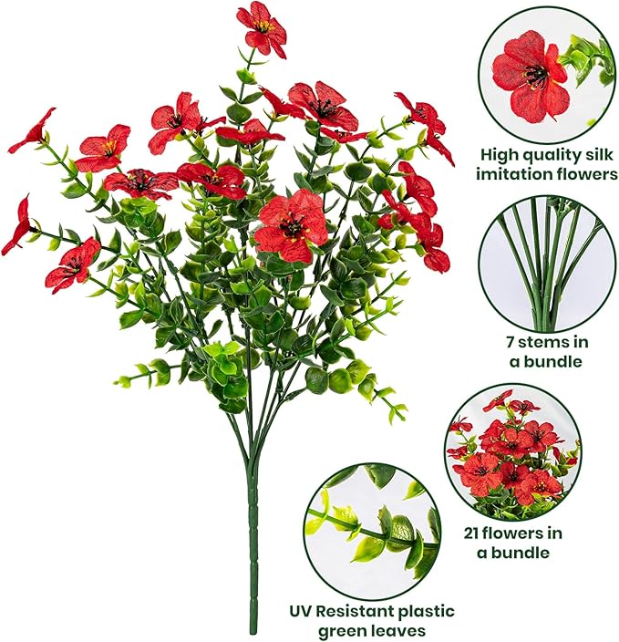 20 Bundles Artificial Flowers for Outdoor Fake Plants for Spring Decoration,Faux Eucalyptus Flowers for Planter UV Resistant Lifelike for Home Porch Garden（Red）