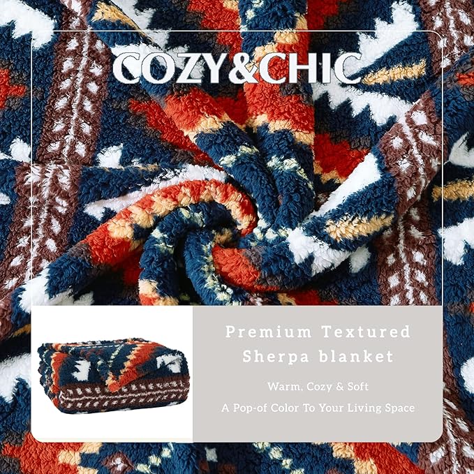 CASAAGUSTO Boho Sherpa Throw Blanket, Aztec Queen Blanket, Ultra Soft, Warm, Cozy, Plush, Thick Fleece Bohemian Throw Blanket for Couch, Bed, Sofa (Navy Blue 90 * 90 Inch)