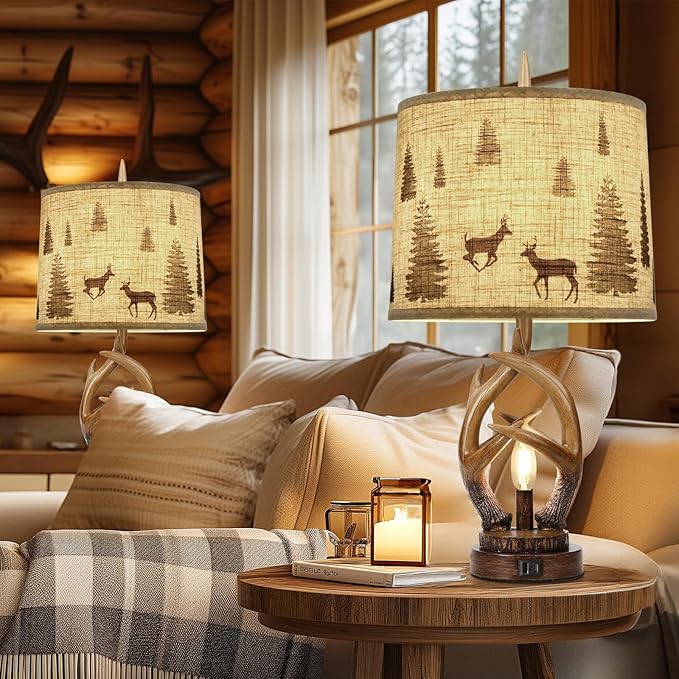 Scenekoy Rustic Farmhouse Antlers Table Lamp Set of 2 with Nightlight Dual USB Ports Linen Fabric Round Shade Bedside Lamp Decor for Living Room Bedroom Office House