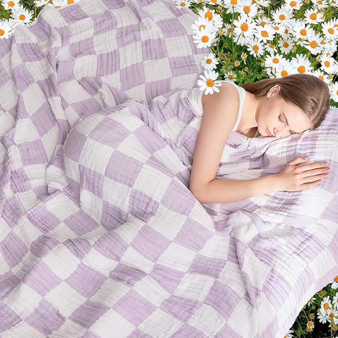 EMME Checkered Cotton Blanket Queen Size for Bed Soft Large Muslin Bed Blankets 80"x90" Lightweight Breathable Cooling All Season, Lavender