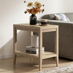 SICOTAS Rattan Nightstand Bedside Table - Farmhouse Boho Narrow Accent End Table with 2 Open Rattan Shelves for Bedroom, Living Room, Small Spaces - Light Oak