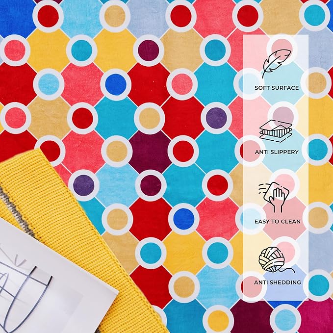 Machine Washable Polka Dot Rug for Kids Area - Multicolor Soft Rug for Nursery/Playroom/Classroom - 5x8