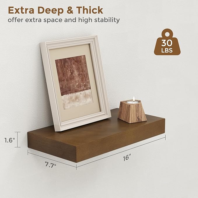 Marsmiles Floating Shelves for Wall - Small Wood Floating Shelves Set of 2-16 Inch Wide x 7.7 Inch Deep x 1.6 Inch Thick Dark Wood Shelves for Room Wall