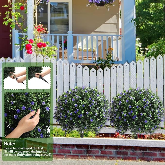Yunlly Set of 2 Artificial Boxwood Topiary Ball Tree Fake Bushes Shrubs Outdoor Faux Plant with Ground Spike Flowers UV Resistance Greenery for Front Porch Garden Patio Indoor(Purple,27x18inch)