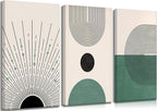 3 Pcs Sage Green Boho Canvas Wall Art Modern Abstract Minimalist Neutral Bohemian Sun Geometric Line Painting Picture Wall Decor Poster Print Artwork for Living Room Bedroom Home Decoration
