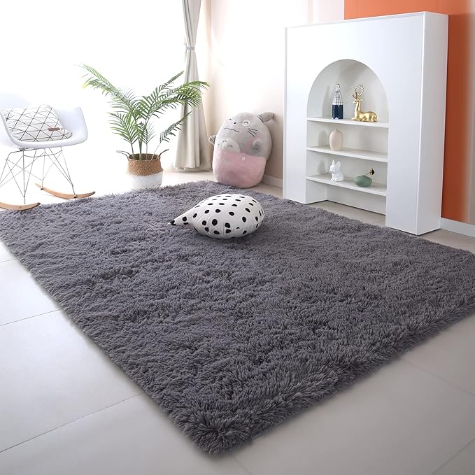 Area Rug 9x12 for Living Room - Large Soft Plush Shaggy Grey Rug for Bedroom - Modern Non-Slip Indoor Shag Fuzzy Floor Carpet