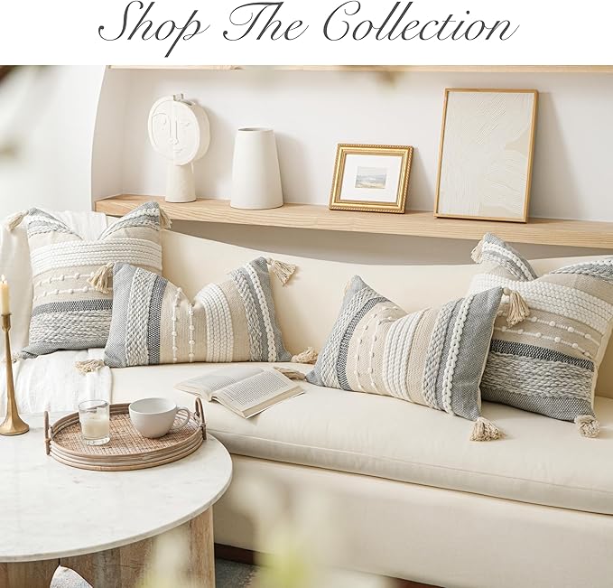 BlissBlush Gray Boho Throw Pillow Cover 20x20 Grey Decorative Accent Pillow for Couch Square Woven Textured Pillowcase Modern Farmhouse Pillow for Bed Bohemian Pillow Cover (Pack of 1)