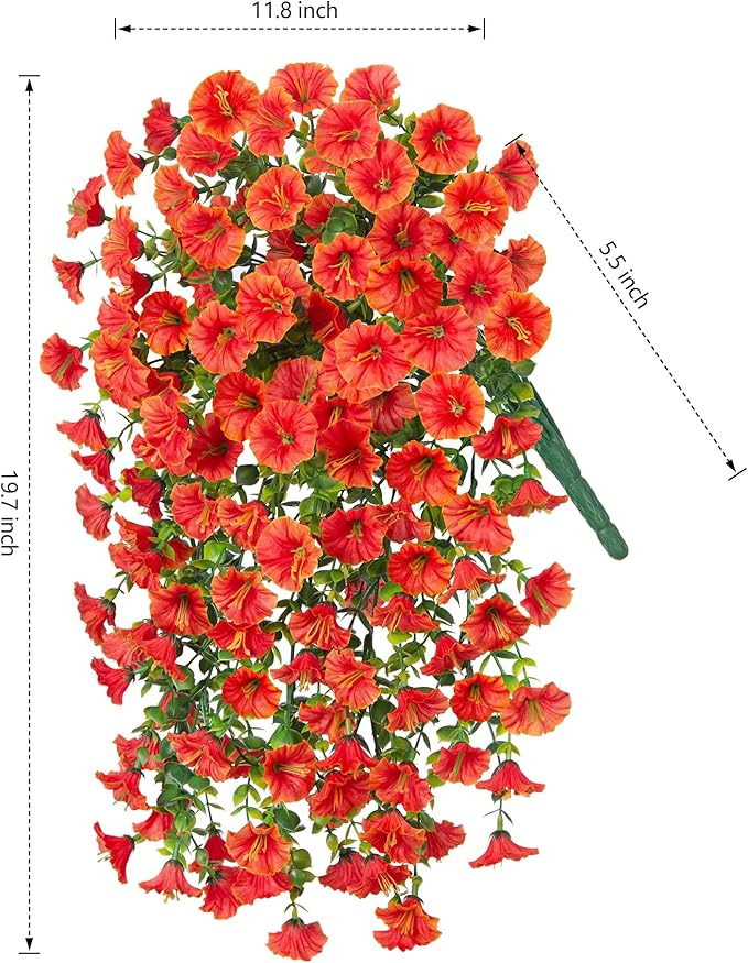 Artificial Faux Fall Hanging Flowers Plants for Outdoor Decor,2 PCS Fake Silk Morning Glory with Eucalyptus UV Resistant Realistic Mums for Wall Home Porch Patio Balcony Yard Indoor Decor, Orange