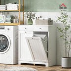 HOMCOM Laundry Hamper Cabinet with 2 Removable Baskets, Tilt Out Laundry Hamper Cabinet with 2 Drawers and 2 Beadboard Doors, Laundry Cabinet Bathroom Storage Cabinet, White