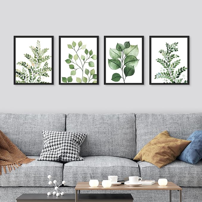 SIGNWIN Framed Green Pastel Forest Fern Leaf Wall Art, Set of 4 Collage Nature Garden Wall Decor Prints, Nature Wilderness Wall D¨¦cor for Living Room, Bedroom - 12"x16" Black