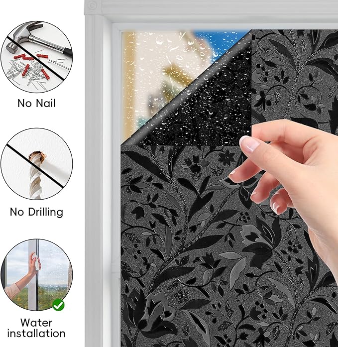 Total Blackout Window Privacy Film Decorative Static Cling with Tools, Room Darkening Window Tint for Home, Black Out Window Cover Replacement Window Curtains Window Blinds,29.5"" by 157.4""