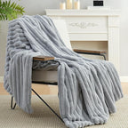 Amélie Home Faux Fur Throw Blanket for Couch, Cozy Fuzzy Fluffy Fur Luxurious Soft Striped Plush Gift Blankets for Family Sofa Chair Bed Living Room Bedroom, 55"x70", Light Grey
