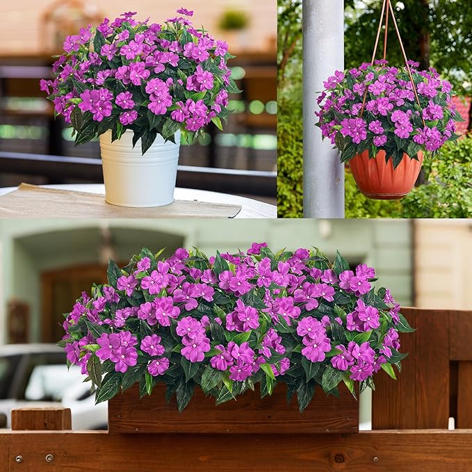 Artificial Impatiens Bouquet Flowers for Outdoors Silk Faux Flowers for Outdoor Impatiens Plants Decor Indoor Planters Kitchen Planters and Balcony Decorations 4PCS (Purple)