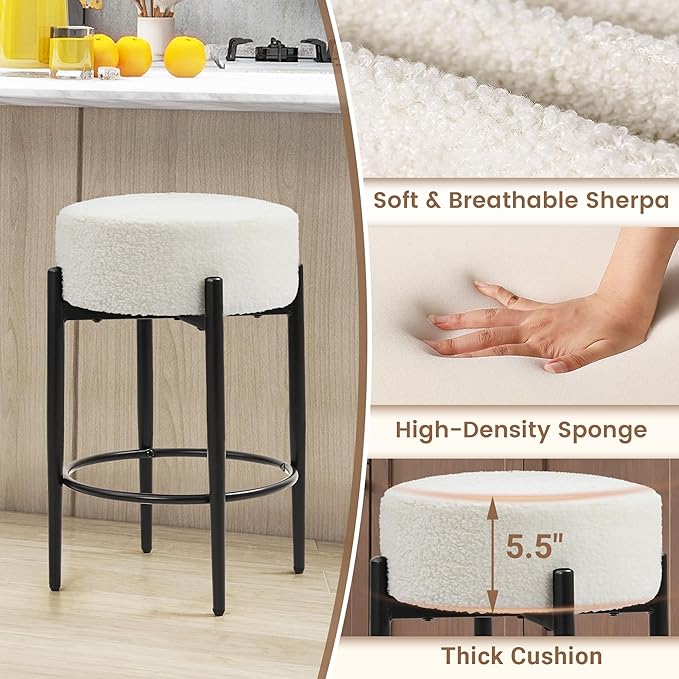 Counter Height Bar Stools, Set of 2, 24" Modern Backless Bar Stools, Ideal for Kitchen Counter, Kitchen Island, Boucle Sherpa Padded Cover, with Round Soft Seat and Foot Rest, White