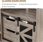 Farmhouse End Table Set of 2, Sofa Side Table with Charging Station, Bedside Table with 2 Drawers and Barn Door, Rustic Wooden Nightstand for Bedroom, Living Room, Greige