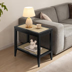 SICOTAS Rattan Nightstands Set of 2 - Boho Shelf Bedside Tables Narrow End Table Living Room Set of 2 Side Table with Rattan Storage Shelves for Small Space - Black Oak