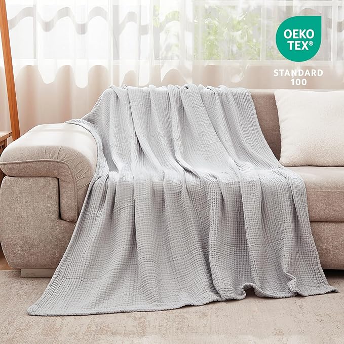 EMME Cotton Blanket Twin XL for Bed Soft Muslin Blankets 66"x90" Lightweight Breathable Layering Bedspread Coverlet All Season Gauze, Light Grey
