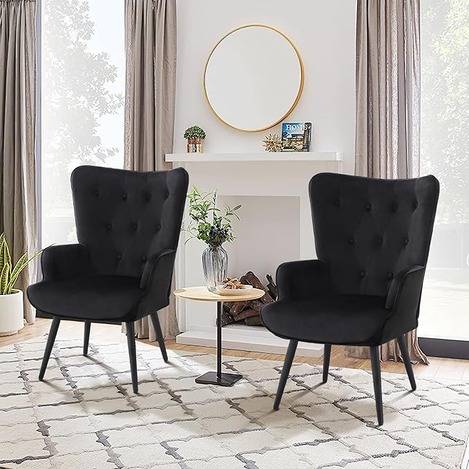 Furnimart Accent Chairs Set of 2, Black Velvet Reading Armchairs with High Backrest, Wingback Corner Chairs - Mid Century Modern for Living Room, Bedroom, Waiting Room
