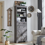 Bathroom Storage Cabinet, 72" Tall Farmhouse Storage Cabinet with 2 Drawers, Adjustable Shelves & Barn Door, Cabinet for Bathroom, Living Room, Kitchen, Grey Wash