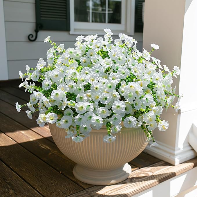 HyeFlora Artificial Flowers for Outdoors Fake Plants Outside Decoration, 12 Bundles Silk White Morning Glory UV Resistant Look Real Faux Flowers for Planter Front Door Porch Patio Yard Gardens Balcony