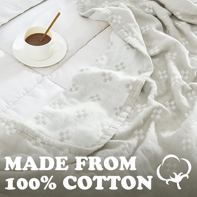 jinchan Boho 100% Cotton Blanket Muslin Twin Size 60x80 Inches Lightweight 3-Layer Geometric Cross Pattern Reversible Quilt Throw Soft Breathable Comfy All Seasons for Couch Bed Decor, Light Grey