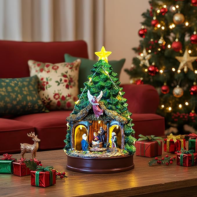 Christmas Tree Lighted and Animated Manger Nativity Scene, Musical Angel Family Figurines LED Light Play Silent Night Music, Ideal Xmas Decor Gifts and Tabletop Xmas Collection Decorations for Home