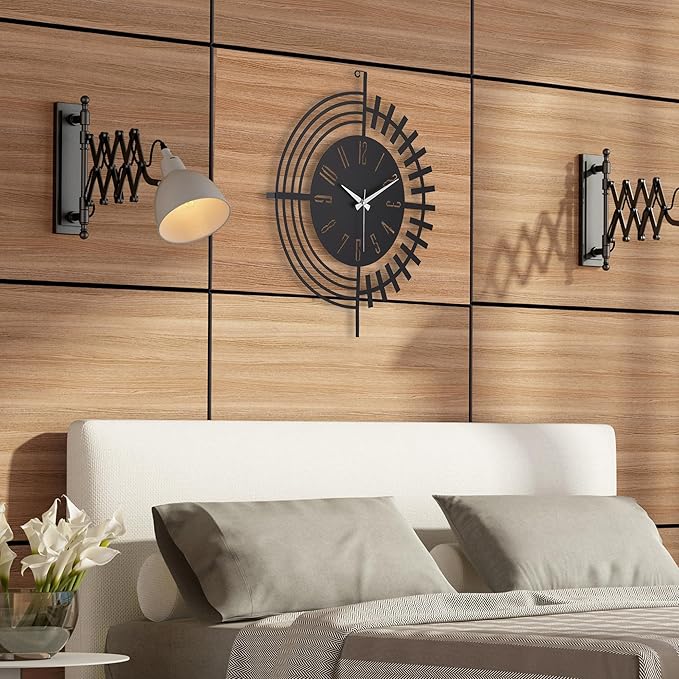 Large Metal Wall Clock | 20 inch Size Silent Battery Operated Large Size Analog Black Wall Clocks | Modern Wall Decor for Living Room Bedroom Kitchen Home Office