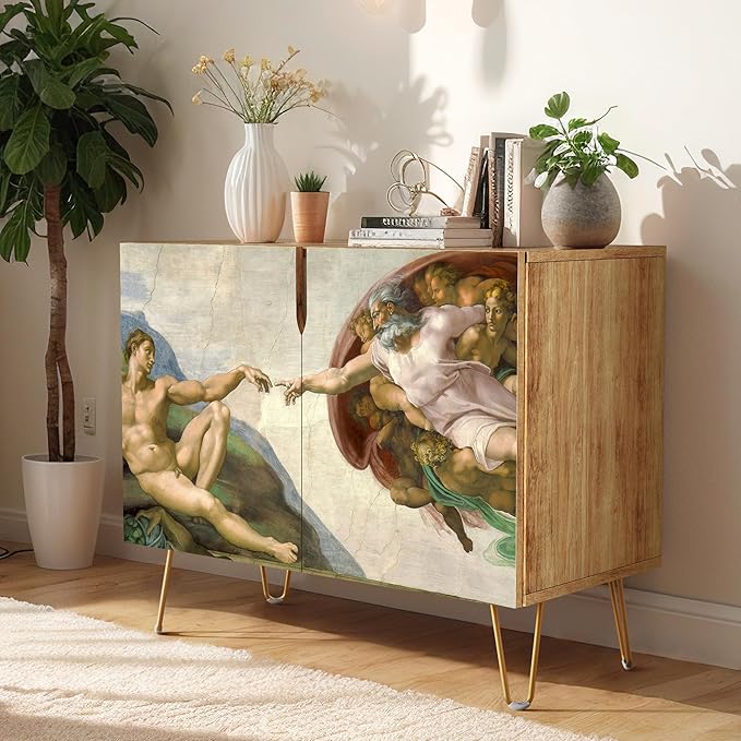 SIGNWIN Sideboard Buffet Cabinet, Kitchen Storage Cabinet with 2 Doors, The Creation of Adam by Michelangelo Vintage, Cupboard Console Table for Dining Room - 35" L x 18" W x 29" H