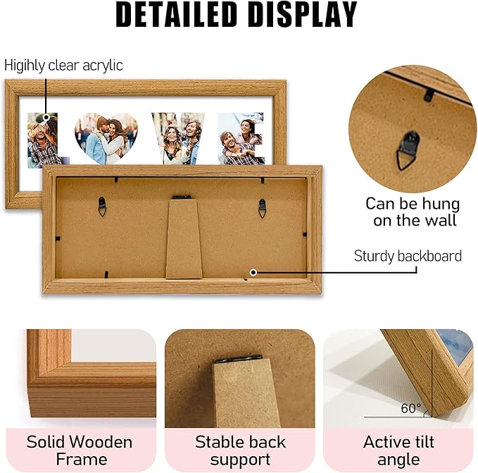Gifts for Him/Her - Personalized Photo Frame with LOVE Letters Design, Natural Wood, Wall Mount or Tabletop Display, Gifts for Boyfriend Girlfriend Anniversary Birthday Valentine's