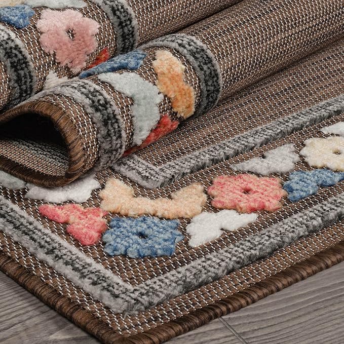 Beverly Rug Outdoor Rug 5x7 Modern Bordered Area Rugs for Indoor and Outdoor Patio Easy to Clean Non Shedding Living Room Porch Garden Washable Outside Carpet (5 x 7 Brown)