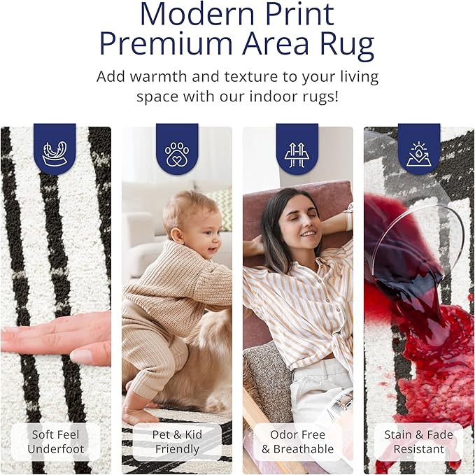 Abani Nomad Cream & Grey Area Rug 5' x 8' for Living Room, Bedroom - Geometric Box Design - Durable & Easy to Clean