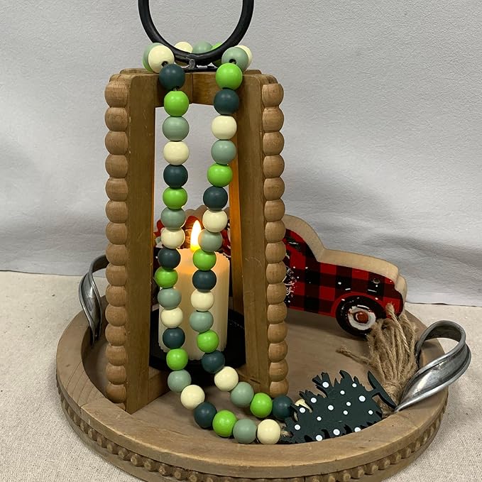 40" Handmade Farmhouse Bead Garland Wood with Tassel, Boho Chic Decorative String Beads Home Decor, Table Tiered Tray Country Wooden Accents (Christmas Evergreen Cheer, 0.63" Diameter)