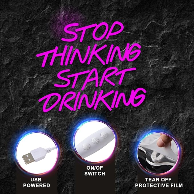 Stop Thinking Start Drinking Neon Sign Pink Led Neon Signs for Wall Decor Neon Lights up Letters for Bar Decor Bar Decorations for Home Led Light Sign for Man Cave decor Party USB Powered (13.38"L x 12.99"W)