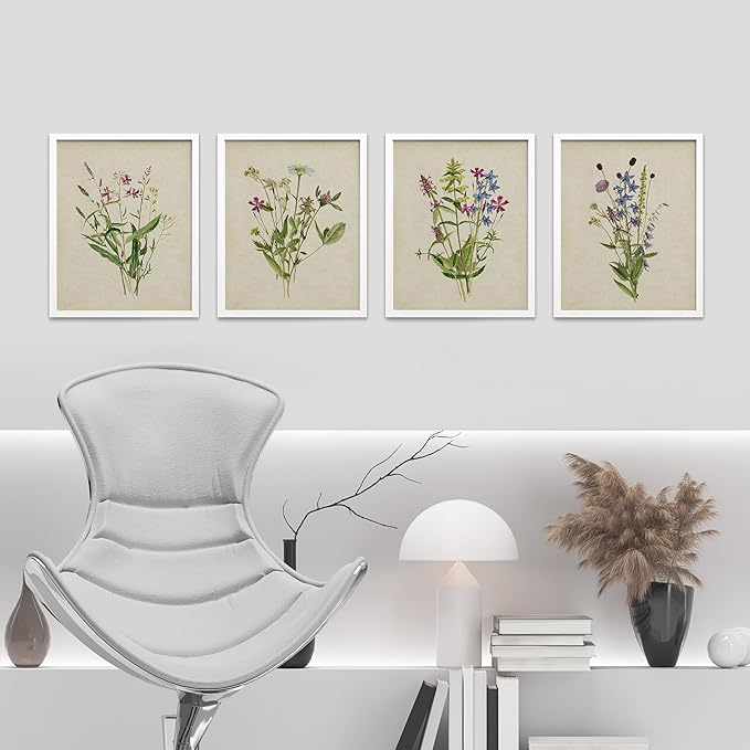 SIGNWIN Framed Watercolor Floral Botanical Wall Art, Set of 4 Vintage Wall Decor Prints, Minimalist Wall Décor for Living Room, Bedroom - 11"x14" White