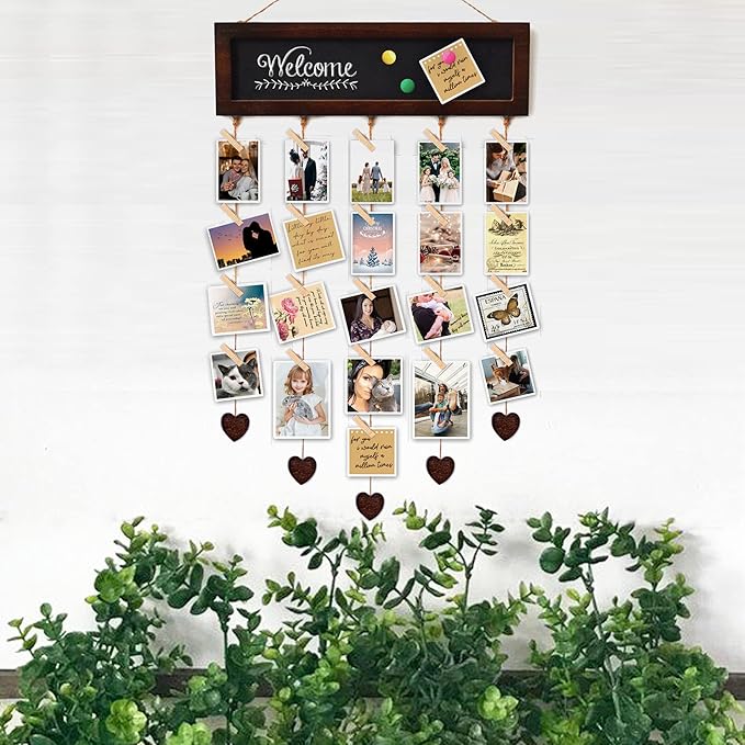 Picture Frames Collage Display Board with 30 Clips - Multi Photos Cards Organizer with Adjustable Twines and Magnetic Blackboard - DIY Wall Decor Hanging Picture Holder 15.7x5 Inches