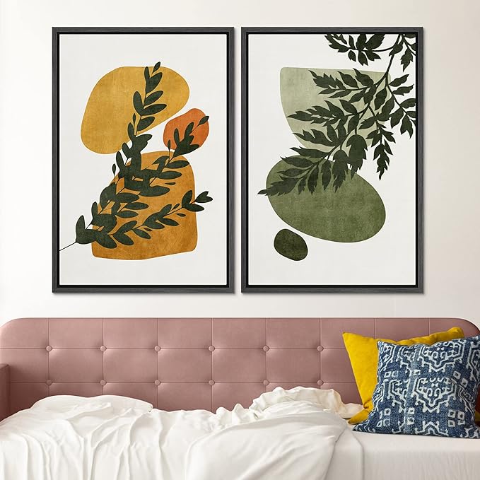 SIGNFORD Framed Canvas Print Wall Art Set Mid-Century Forest Fern Leaf Collage Abstract Shapes Illustration Modern Art Decorative Nordic Nature for Living Room, Bedroom, Office - 16"x24"x2 Black