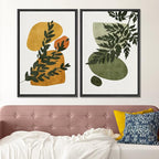 SIGNFORD Framed Canvas Print Wall Art Set Mid-Century Forest Fern Leaf Collage Abstract Shapes Illustration Modern Art Decorative Nordic Nature for Living Room, Bedroom, Office - 16"x24"x2 Black